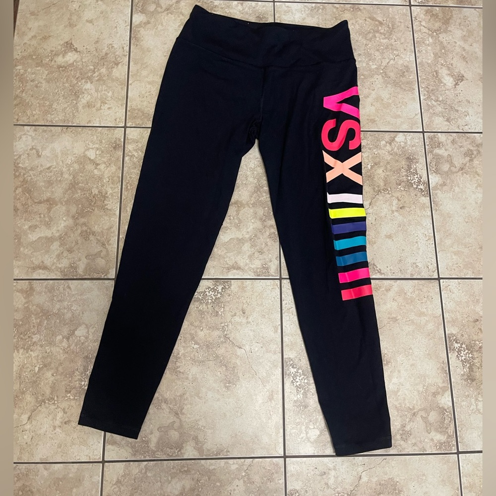 Victoria's Secret Black Leggings with Pink & Multicolor Side Logo